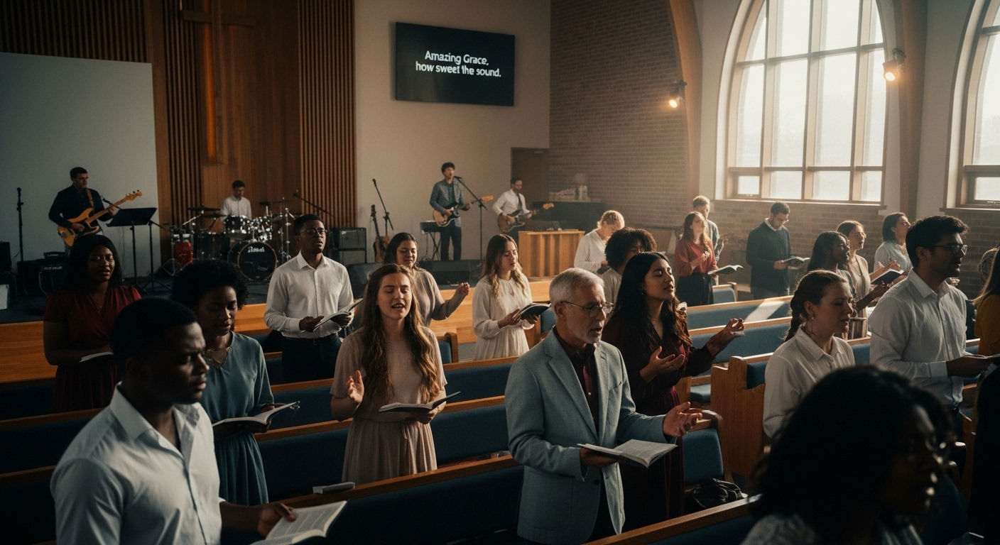 A diverse Christian congregation in London joyfully worshipping together, highlighting the vibrant community spirit of a Christian church in London.