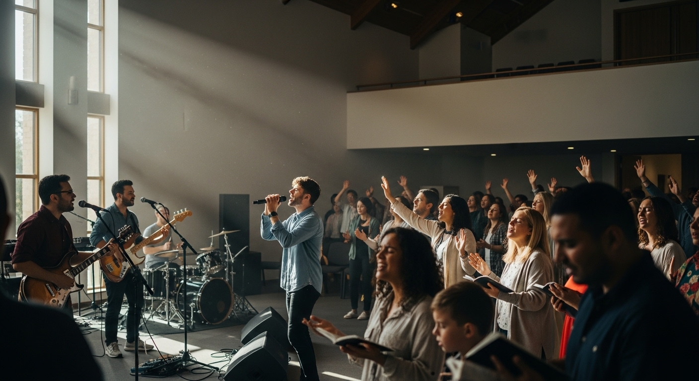 Diverse congregation joyfully worshipping at Zion Worship Centre London, bathed in warm light.