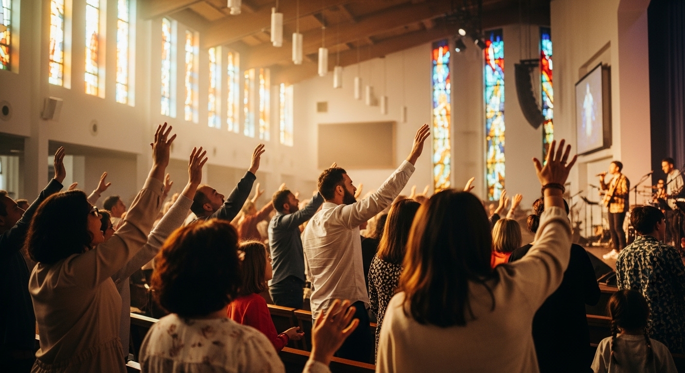 Diverse congregation worshipping joyously at Zion Worship Centre London during a vibrant Sunday service, reflecting faith, community, and spiritual connection.